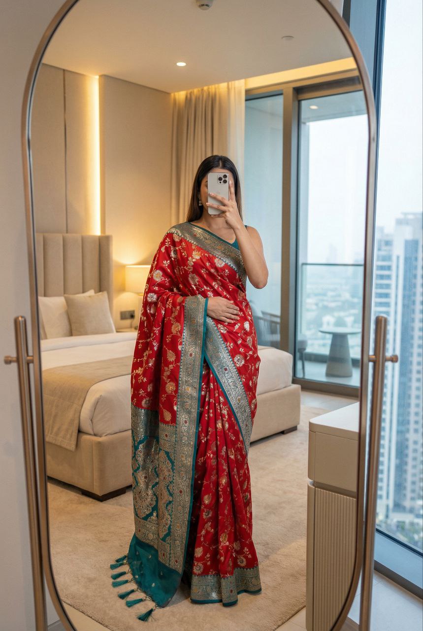 Mameraa Sarees Red Soft Silk Blend Saree With Zari Weaving Meenakari Design-Red - Dista