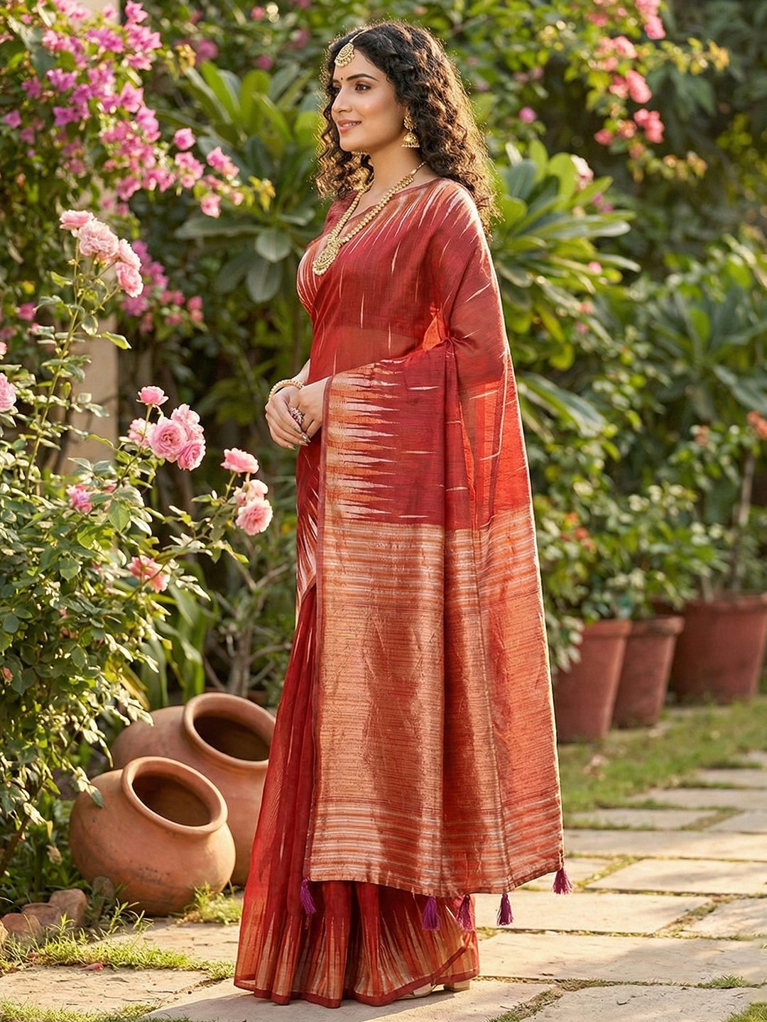 Anaita Red Linen Woven Work Saree With Blouse - Distacart