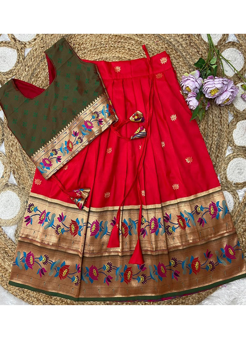 Evanik Red Kids Paithani Silk Lotus Pattern Lehenga Choli - Dista