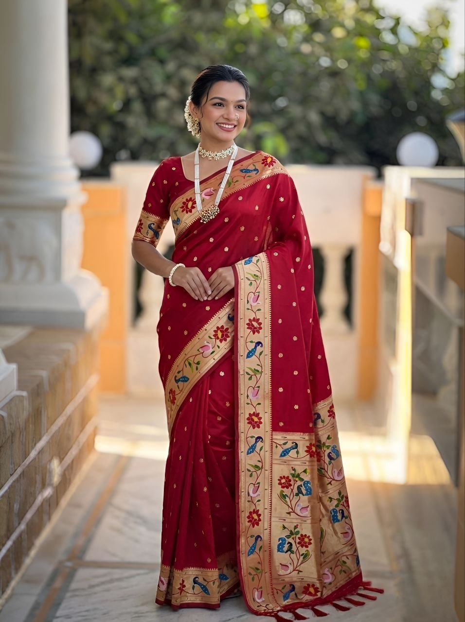 Mameraa Sarees Red Faux Banarasi Silk Saree With Paithani Rich Weaved Pallu And Blouse-Red - Dista