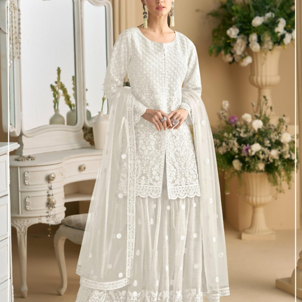 Anaita White Heavy Net Readymade Suit with Embroidery & Sequence Work