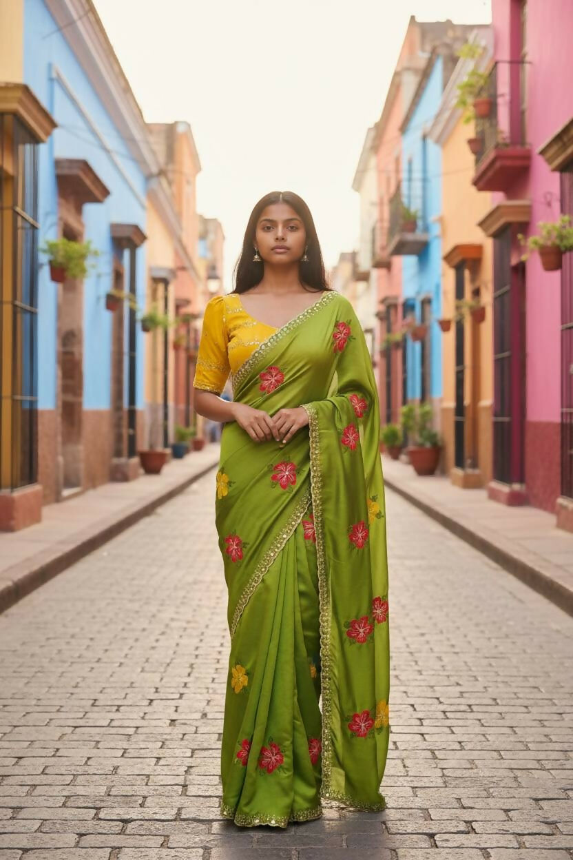 Teeya Creation Green Rangoli Silk Embroidery Work Party Wear Designer Saree - Distacart