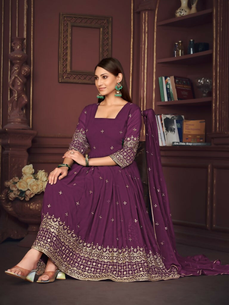 Jyoti Fashion Women's Purple Georgette Embroidered Anarkali Kurta Pant Set With Dupatta - Distacart