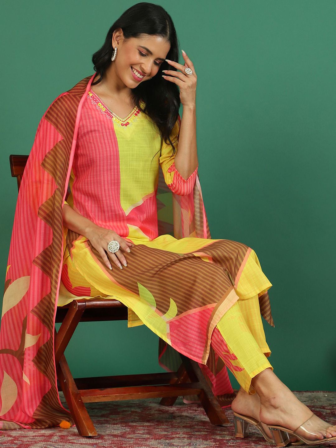 Sangria Printed V- Neck Kurta & Trousers With Dupatta - Distacart