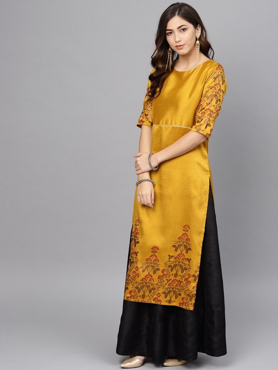 Ahalyaa Women's Mustard Poly Silk Printed Kurta Skirt Set With Dupatta