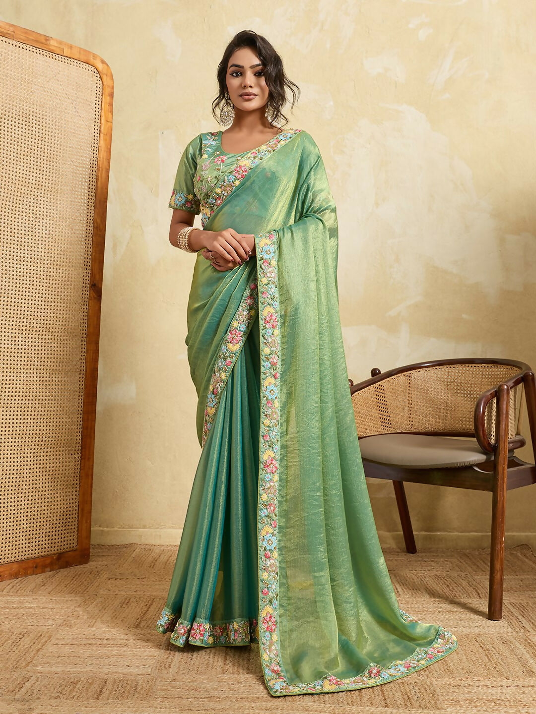 Teeya Creation New Stylish Trendy Party Wear Saree-Light_Green - Dista