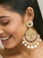 Thumbnail for Nuyug 22K Gold-Plated Elegant Ruby & Kundan Stone Studded With Pearl Beaded Floral Chandbalis - Distacart