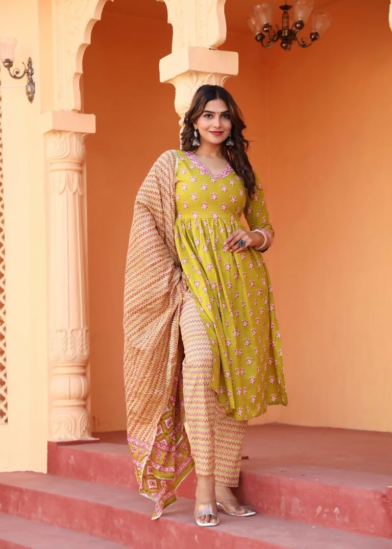 Alvano Printed Naira Cut Kurti Kurti with Pant and Dupatta Set for Women's and Girls Cotton - Distacart