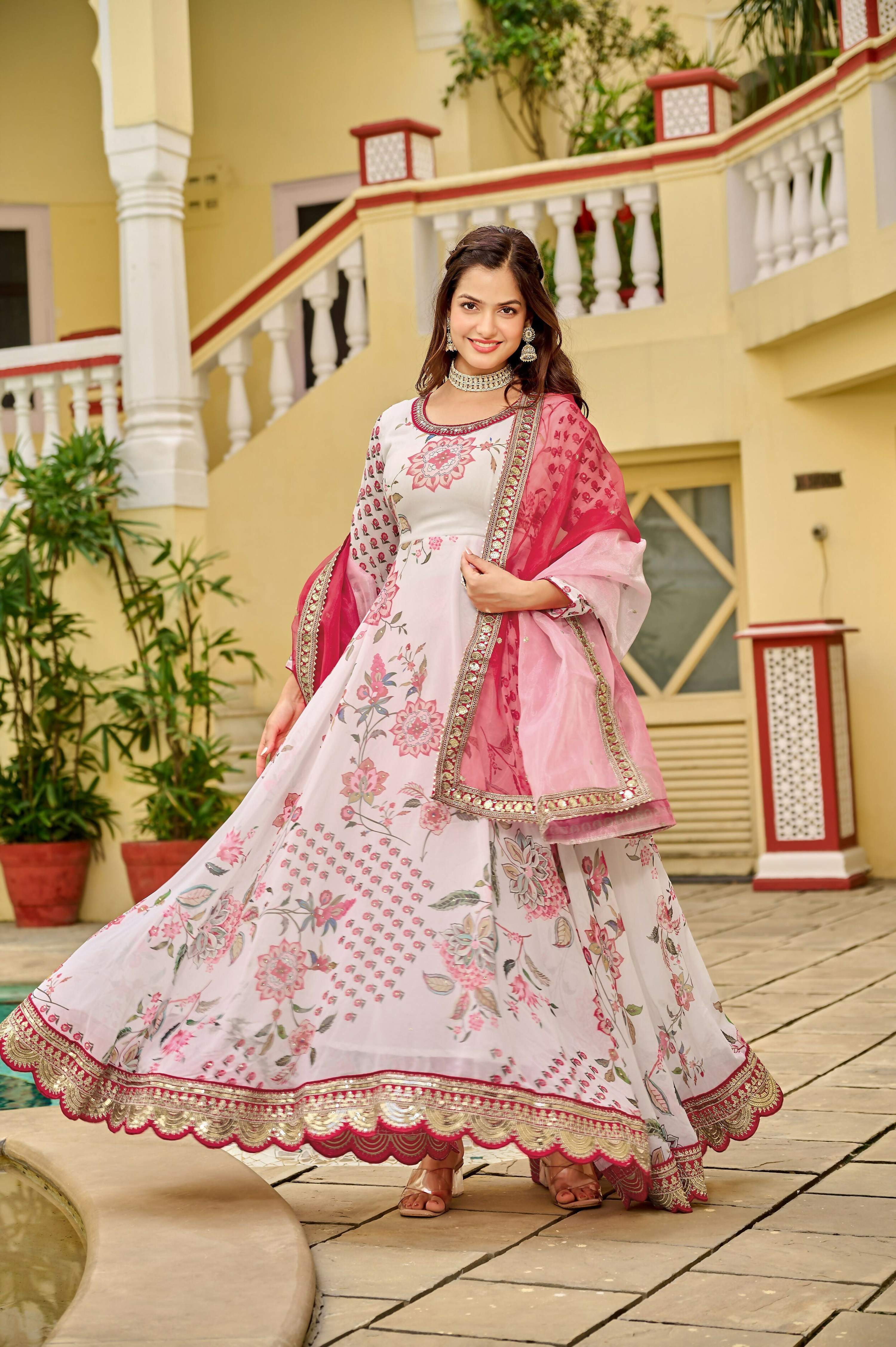 Joban Fashion Pink/white Kurta Set Georgette Embroidery Sequence Work