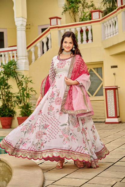 Joban Fashion Pink/white Kurta Set Georgette Embroidery Sequence Work - Distacart
