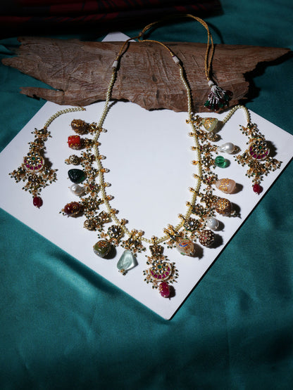 Long Kundan Neckpiece with Earrings with Multi Stones Jewellery Set (Gold) - Ruby Raang - Distacart