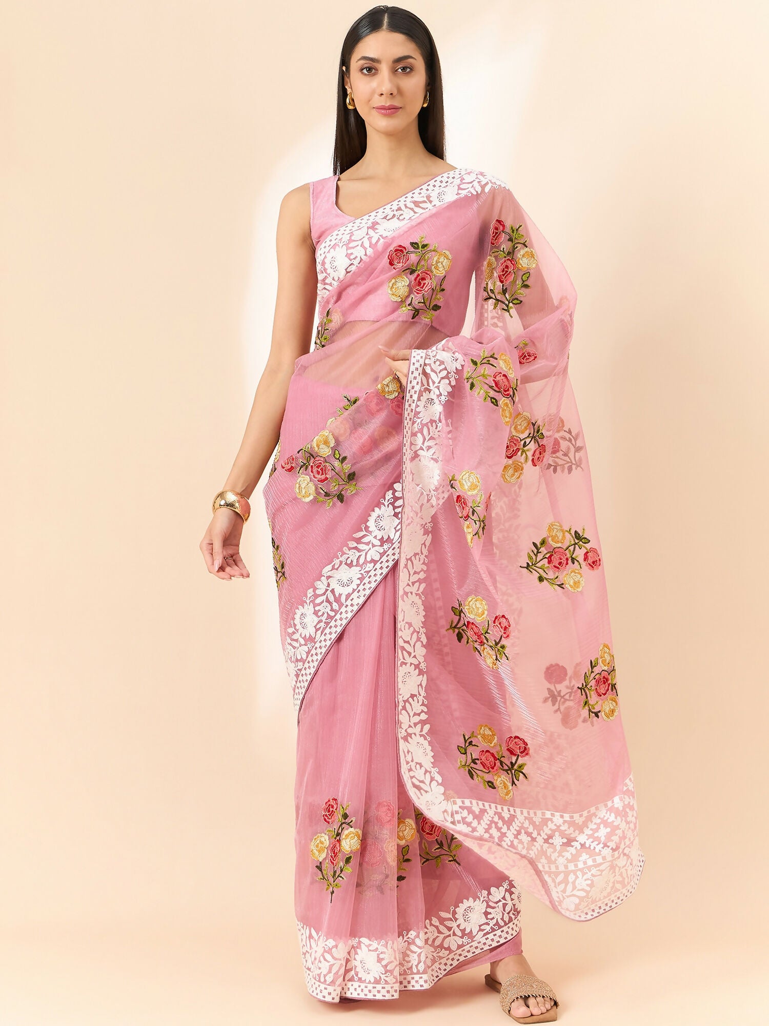 Pink Organza Floral Embroidered Saree with Unstitched Blouse Piece - Roozal - Distacart