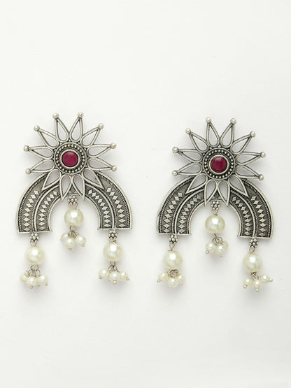 NVR Women's Floral Silver-Plated Artificial Stones and Beads Drop Earrings - Distacart