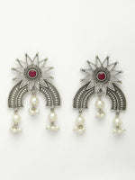 Thumbnail for NVR Women's Floral Silver-Plated Artificial Stones and Beads Drop Earrings - Distacart