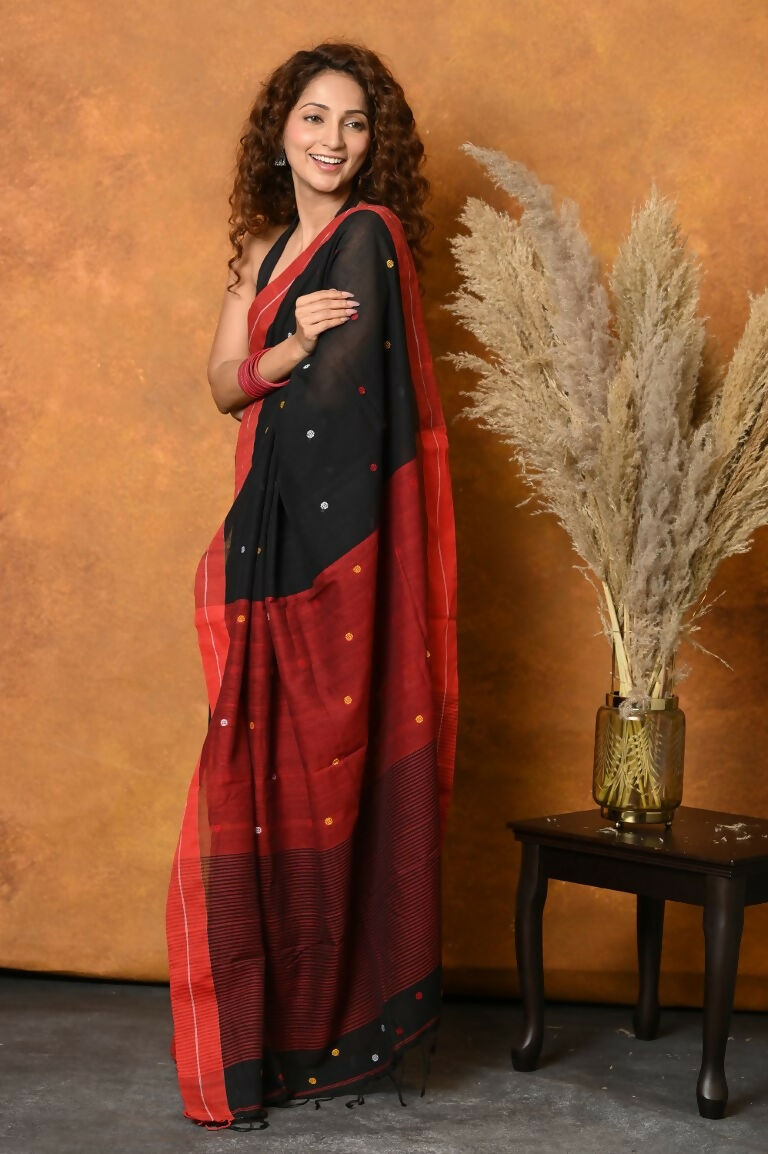 Very Much Indian Pure Cotton Handloom Saree with Buttis & Sleek Border - Black - Distacart