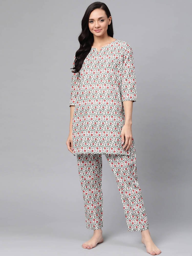 Anubhutee White & Red Pure Cotton Floral Print Nightsuit - Distacart