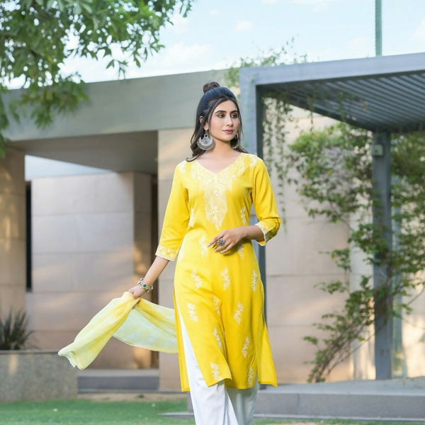 BulBul Pooja Yellow Rayon Kurta Set with Dupatta