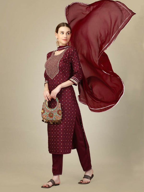 Jyoti Fashion Women's Maroon Silk Blend Embroidery & Sequence work Kurta with Trouser & Dupatta - Distacart