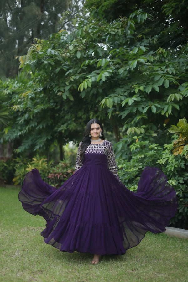 Jyoti Fashion Women's Purple Sequins Zari Embroidered Faux Georgette Anarkali Dress - Distacart