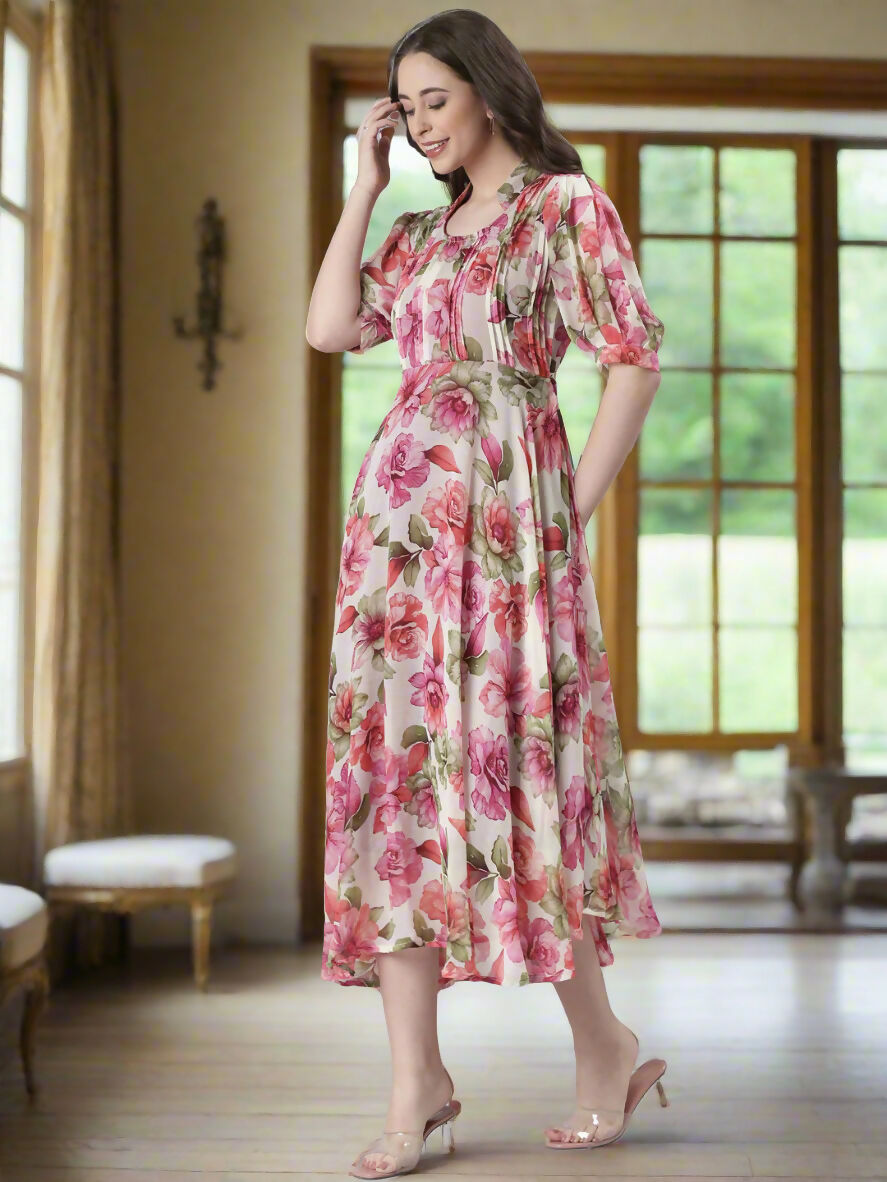 Souchii Cream Floral Chiffon Dress - Dista