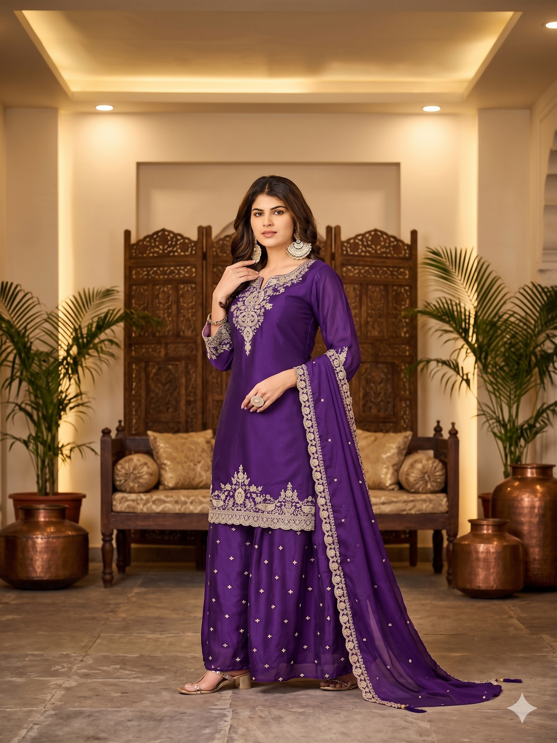 Teeya Creation Womens New Stylish Silk Embroidered Purple Sharara Suit With Golden Zari Work And Lace Border Dupatta - Dista