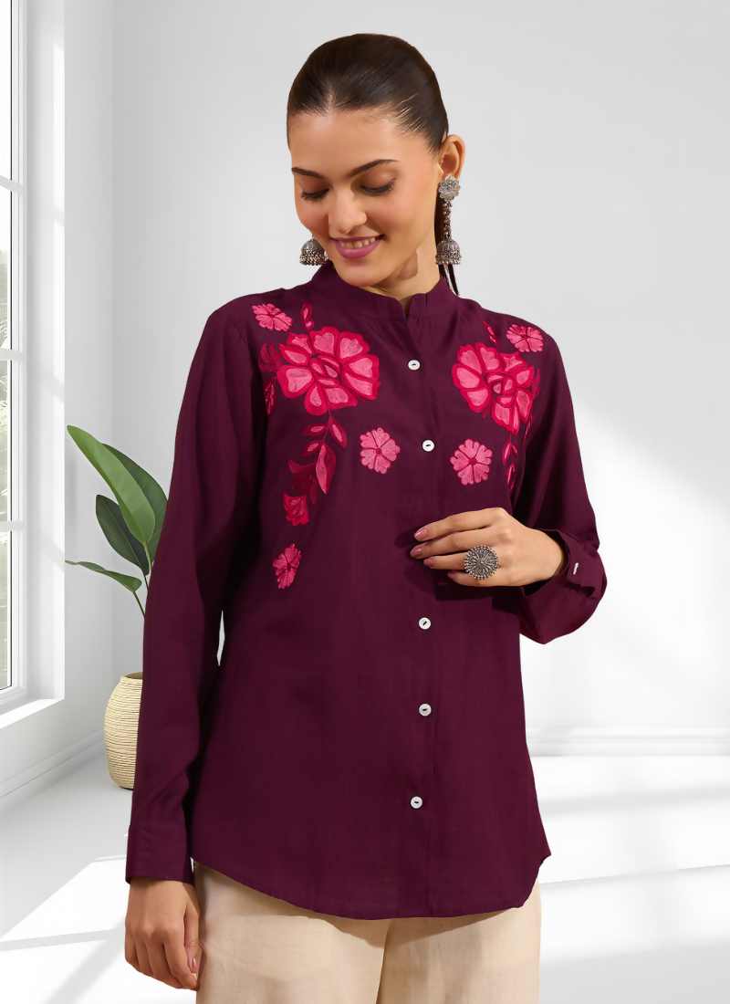 Joban Fashion Wine Silk Embroidered Readymade Tunic - Distacart