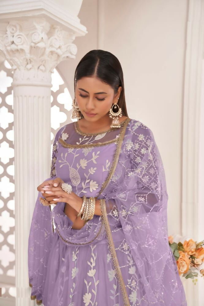 Aastha Fashion Lavender Butterfly Net White Cotton Thread Work, Zari Work And Sandwich Sequence Work Embroidery Wedding Wear Lehenga Choli - Distacart