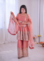 Thumbnail for Teeya Creation Peach Color Fendy Satin Silk Embroidery Work Party Wear Salwar Suit - Distacart