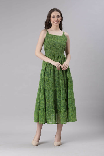 Souchii Green Varlie Printed Tiered Dress – Flowy Fit & Flare - Dista