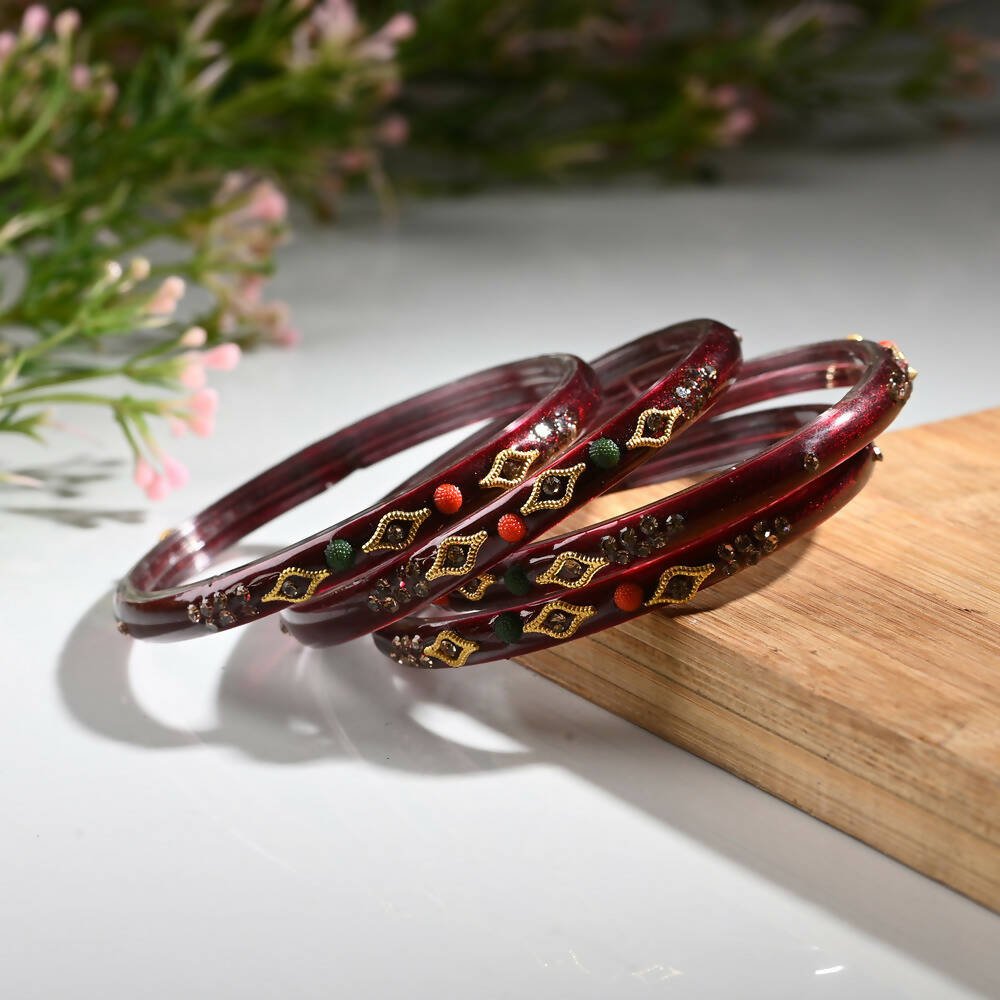 Afast Designer Fancy Party Bangle/ Kada Set, Maroon, Glass, Pack Of 4 - Distacart