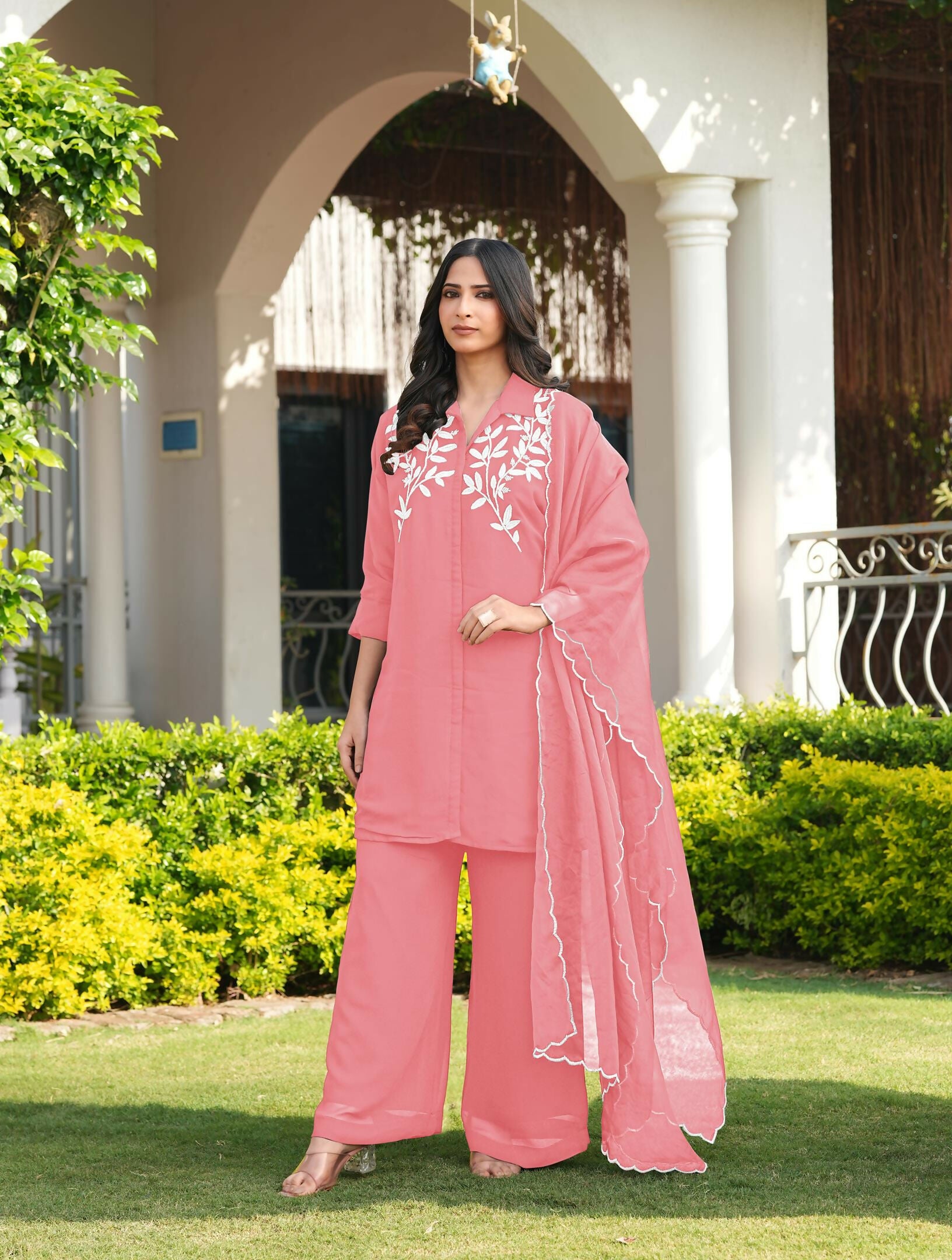 Nikhaar Light Pink Embroidered Viscose Georgette Stitched Straight Cut Kurta Culottes Dupatta Readymade Suit - Dista