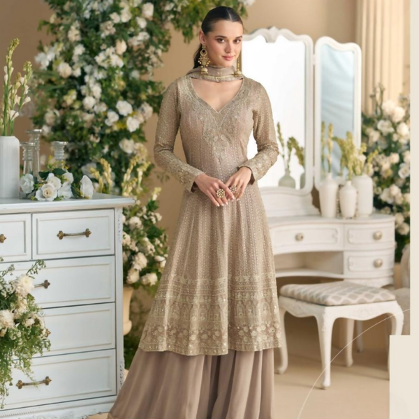 Anaita Beige Heavy Georgette Stitched Suit with Sequence & Diamond work