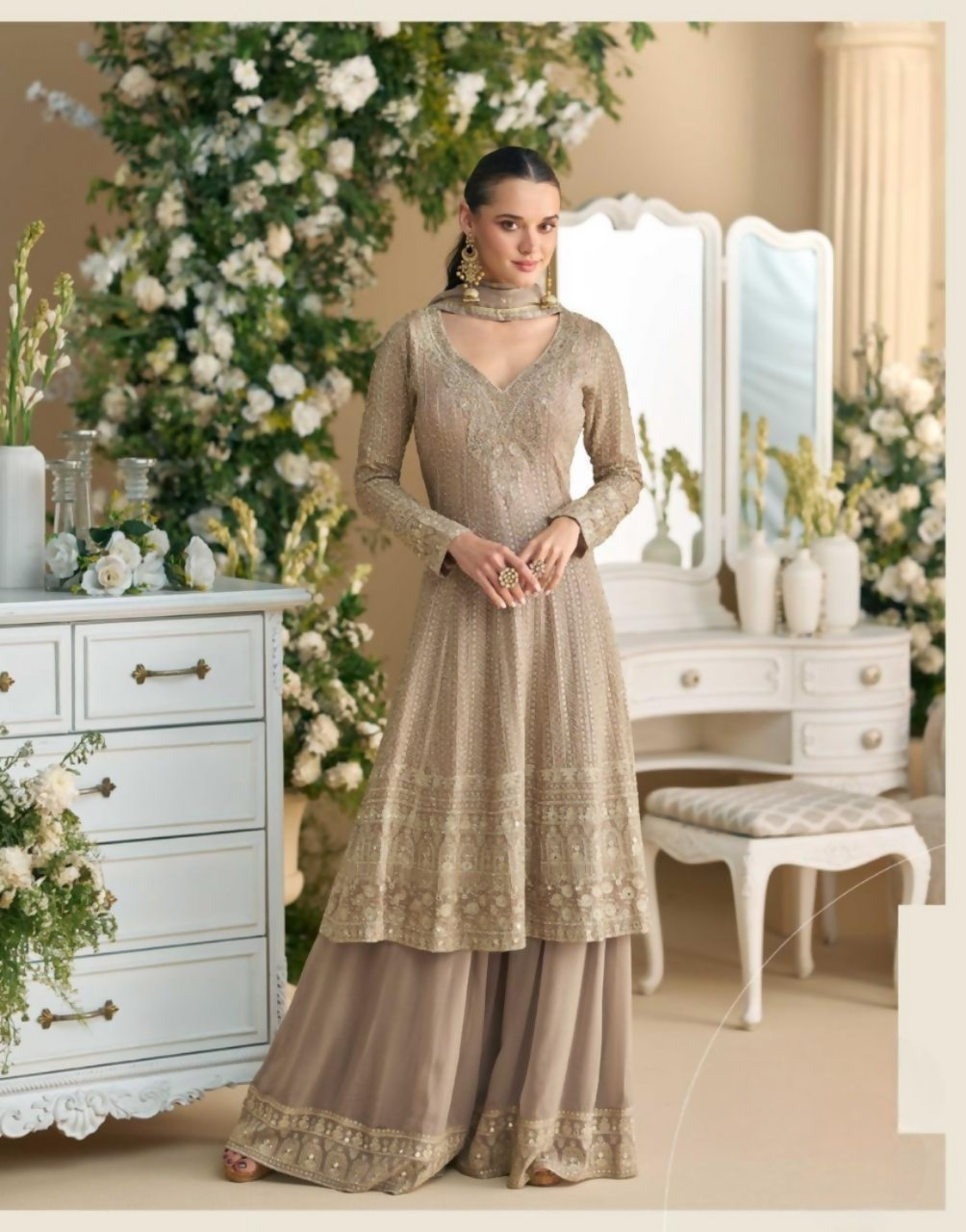Anaita Beige Heavy Georgette Stitched Suit with Sequence & Diamond work