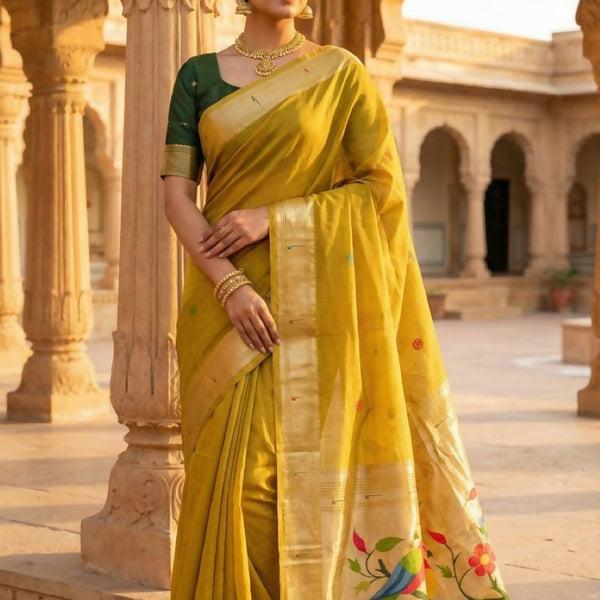 Vastranavya Yellow Muga Cotton Meenakari & Munia Weaving Pallu Saree with Contrast Blouse - Distacart