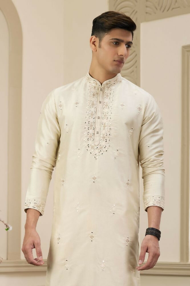 Raivat Ethnic Banarasi Art Silk Thread and Mirror Work Kurta Pajama In Beige Colour