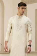 Thumbnail for Raivat Ethnic Banarasi Art Silk Thread and Mirror Work Kurta Pajama In Beige Colour