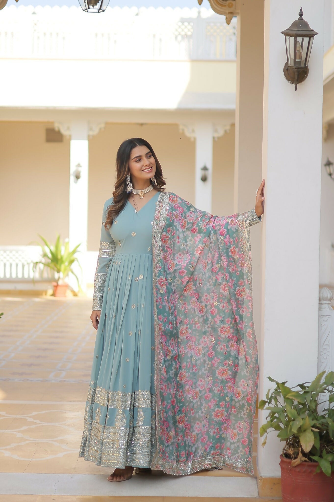 Joban Fashion Sky Blue Georgette Sequence Embroidery Work Kurta Set