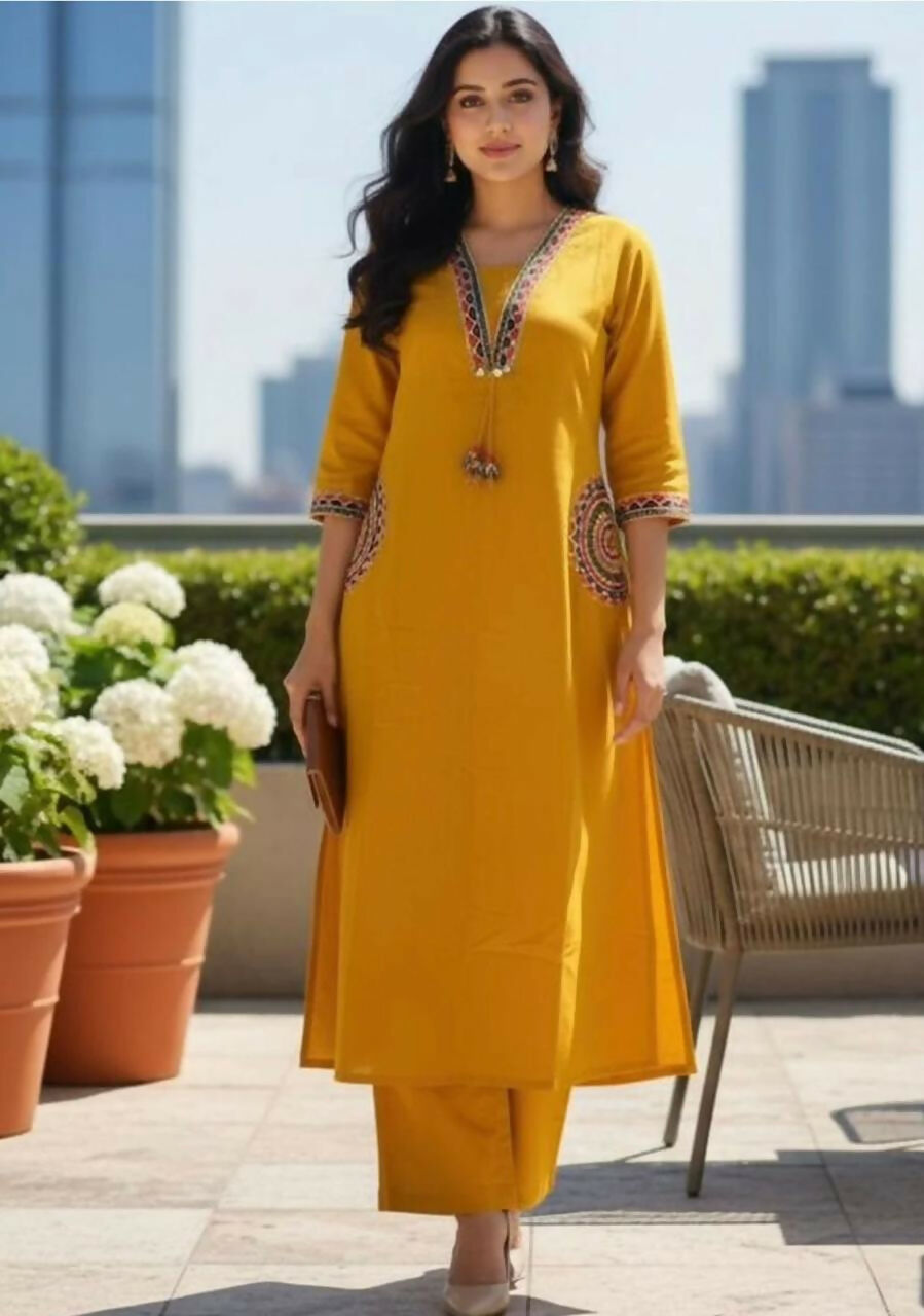 Miravan Womens Yellow Kurta And Palazzo Set - Dista