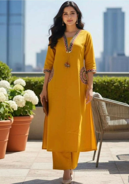 Miravan Womens Yellow Kurta And Palazzo Set - Dista