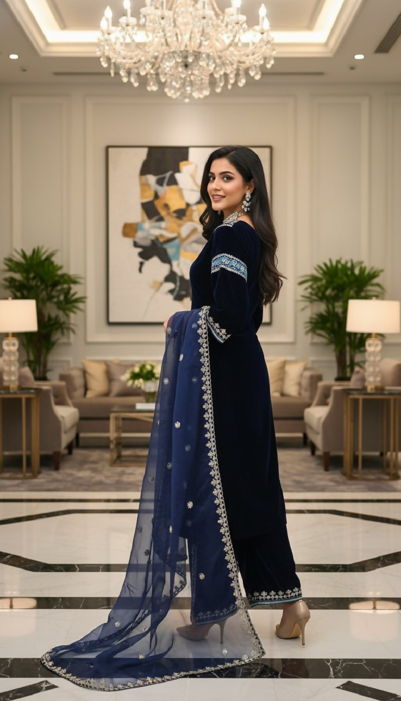 Joban Fashion Blue Kurta Set Velvet Embroidery Sequence Work - Distacart