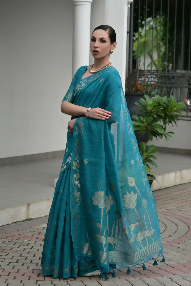 Vishnu Weaves Women's Firozi Linen Silk Zari Weaving Saree with Blouse