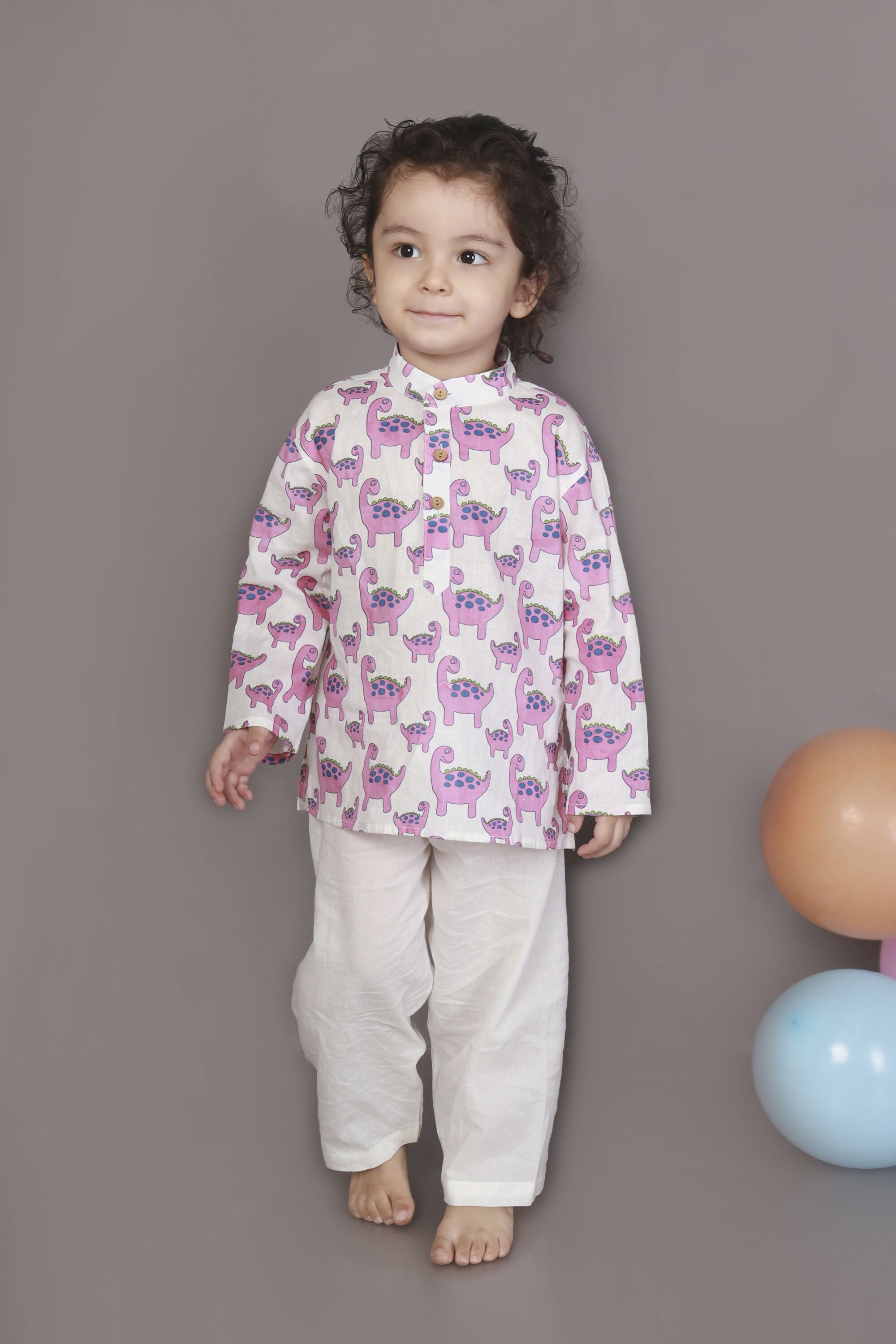 Breathables Kids Boys & Girls Cotton Night Suit – Purple Dinosaur Print Kurta & Pyjama Co-Ord Set - Dista