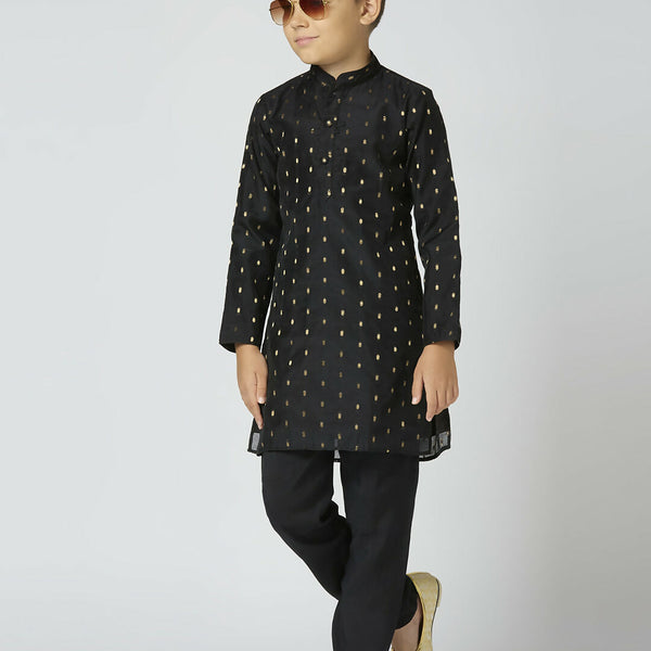 Joban Fashion Kids Island Full Sleeves Chanderi Kurta, Pyjama Set with Traditional Butta Work - Black - Distacart