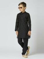 Thumbnail for Joban Fashion Kids Island Full Sleeves Chanderi Kurta, Pyjama Set with Traditional Butta Work - Black - Distacart