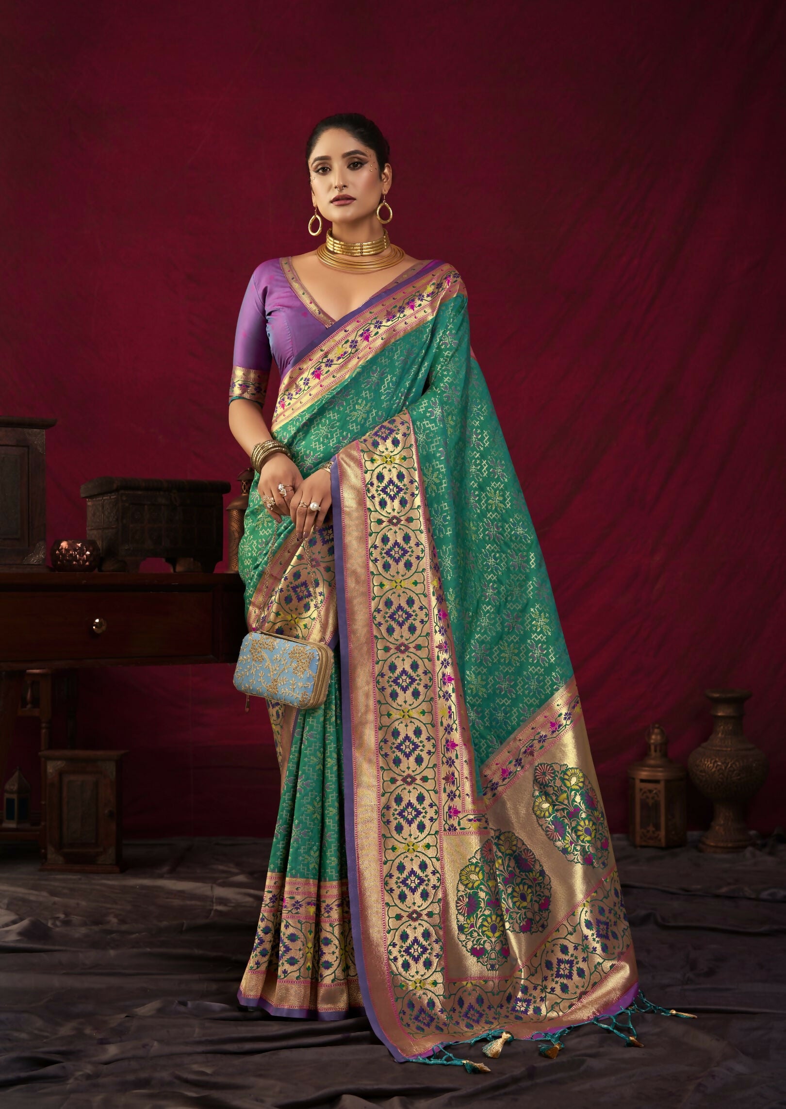 Vishnu Weaves Women's Rama Paithani Silk Saree with Blouse - Distacart