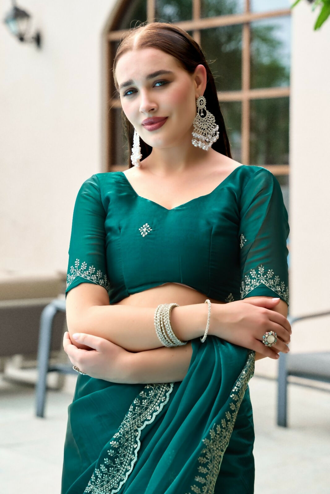 Vastranavya Rama Embroidery Work Shimmer Chiffon Saree with Unstitched Blouse