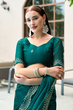 Thumbnail for Vastranavya Rama Embroidery Work Shimmer Chiffon Saree with Unstitched Blouse