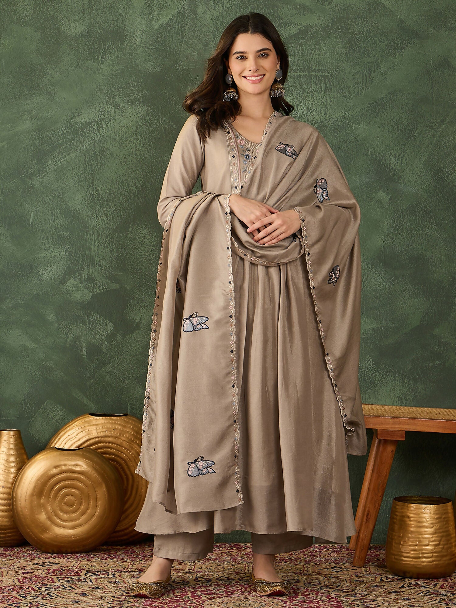 The52 Women's Gorgeous Embroidery Work Vichitra SIlk Fabric Flared Anarkali Pant and Dupatta Set-Chiku