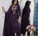 Thumbnail for The52 Women's Beautiful Rayon Slub Fabric Embroidery Work Straight Kurta Pant and Dupatta Set - Distacart