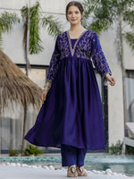 Thumbnail for The52 Blue Women's Beautiful Embroidered Vichitra Silk Fabric with Flared Kurta, Pant and Dupatta Set - Distacart